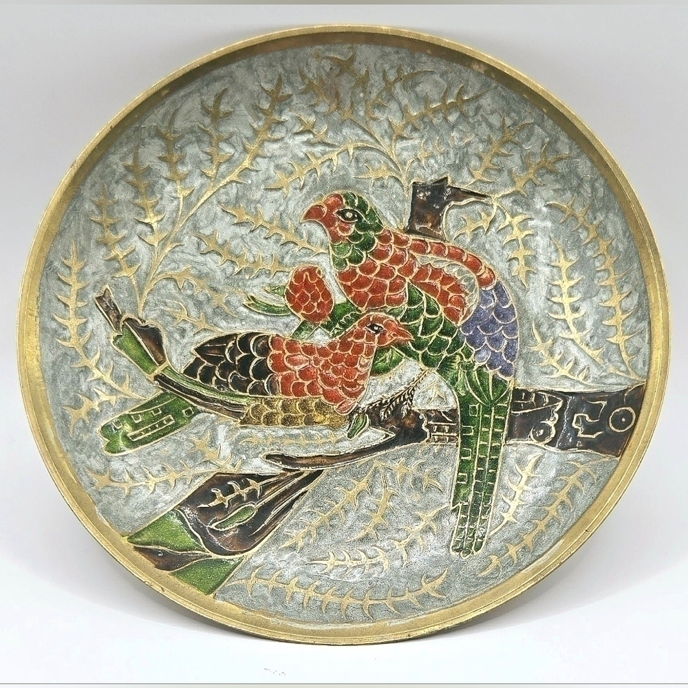 Vintage Solid Brass Enamel Bird Trinket Dish Decorative Collectible Bowl